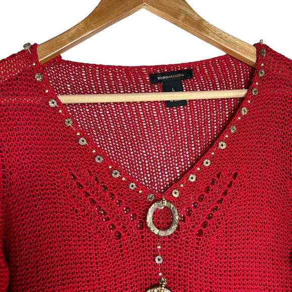 BCBGMAXAZRIA Red Y2K Beaded Open Weave Sweater L Boho Coquette Knit - Picture 2 of 7